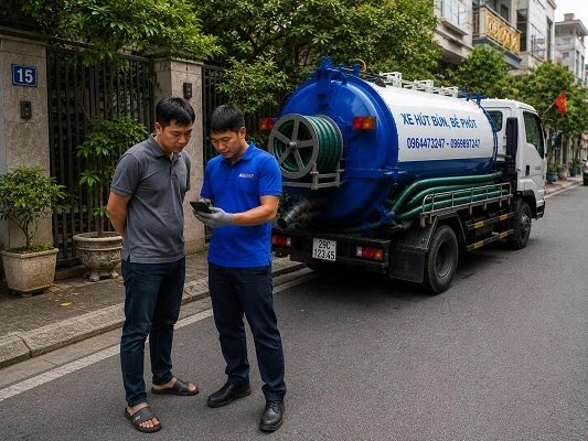 Thợ alo247 kiểm tra và tư vấn phương án hút bể phốt cho khách hàng tại Đại Thanh