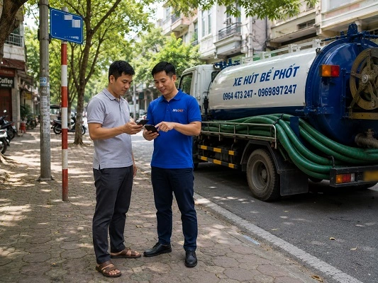Thợ alo247 kiểm tra và tư vấn phương án hút bể phốt cho khách hàng tại Đại Xuyên