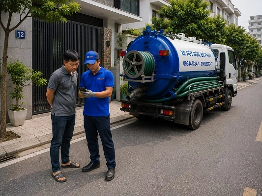 Thợ alo247 kiểm tra và tư vấn phương án hút bể phốt cho khách hàng tại Dương Nội