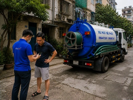 Thợ alo247 kiểm tra và tư vấn phương án hút bể phốt cho khách hàng tại Hồng Vân