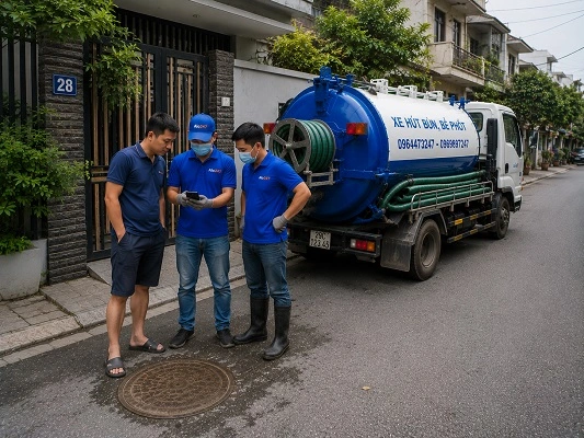 Thợ alo247 kiểm tra và tư vấn phương án hút bể phốt cho khách hàng tại Kiến Hưng