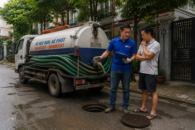 Thợ alo247 kiểm tra và tư vấn phương án hút bể phốt cho khách hàng tại Kim Liên