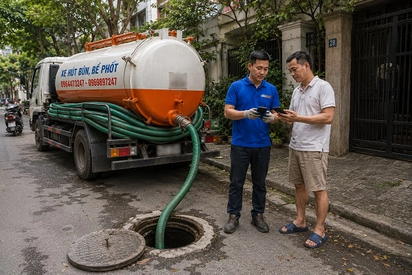 Thợ alo247 kiểm tra và tư vấn phương án hút bể phốt cho khách hàng tại Láng