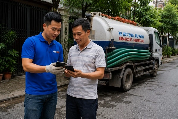 Thợ alo247 kiểm tra và tư vấn phương án hút bể phốt cho khách hàng tại Lĩnh Nam
