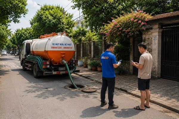 Thợ alo247 kiểm tra và tư vấn phương án hút bể phốt cho khách hàng tại Ô chợ Dừa