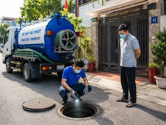 Thợ alo247 kiểm tra và tư vấn phương án hút bể phốt cho khách hàng tại Phú Lương