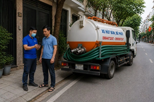 Thợ alo247 kiểm tra và tư vấn phương án hút bể phốt cho khách hàng tại Phúc Lợi