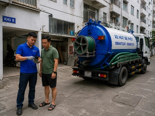 Thợ alo247 kiểm tra và tư vấn phương án hút bể phốt cho khách hàng tại Thanh Liệt