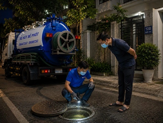 Thợ alo247 kiểm tra và tư vấn phương án hút bể phốt cho khách hàng tại Thượng Phúc