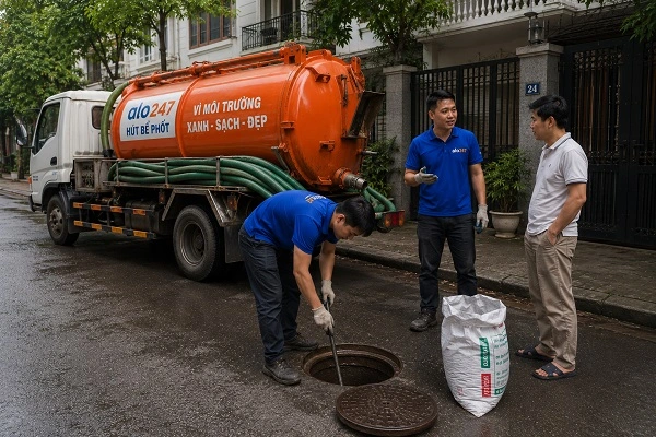 Thợ alo247 kiểm tra và tư vấn phương án hút bể phốt cho khách hàng tại Văn Miếu Quốc Tử Giám