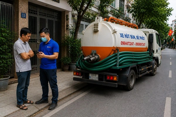 Thợ alo247 kiểm tra và tư vấn phương án hút bể phốt cho khách hàng tại Việt Hưng
