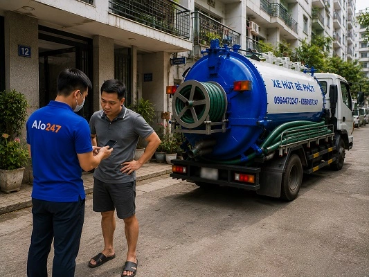 Thợ alo247 kiểm tra và tư vấn phương án hút bể phốt cho khách hàng tại Yên Nghĩa