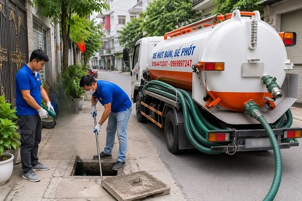 Thợ alo247 mở nắp và đưa ống xuống bể phốt để hút chất thải tại Xuân Đỉnh