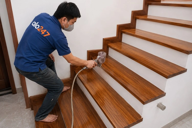 Thợ alo247 sơn lại mặt bậc cầu thang gỗ
