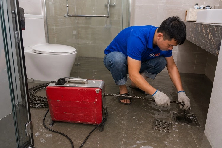 Thợ alo247 sử dụng máy thông cống lò xo chuyên dụng để xử lý triệt để tình trạng tắc nghẽn tại Giảng Võ