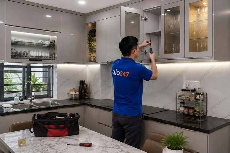 Thợ alo247 sửa tủ bếp hợp kim nhôm cánh kính cao cấp