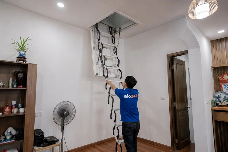 Thợ alo247 thi công cầu thang xếp thông minh âm trần