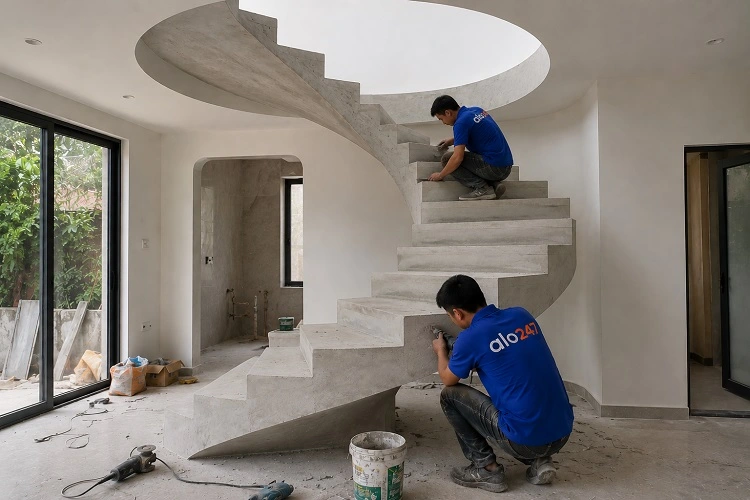 Thợ alo247 thi công cầu thang xoắn ốc hiện đại