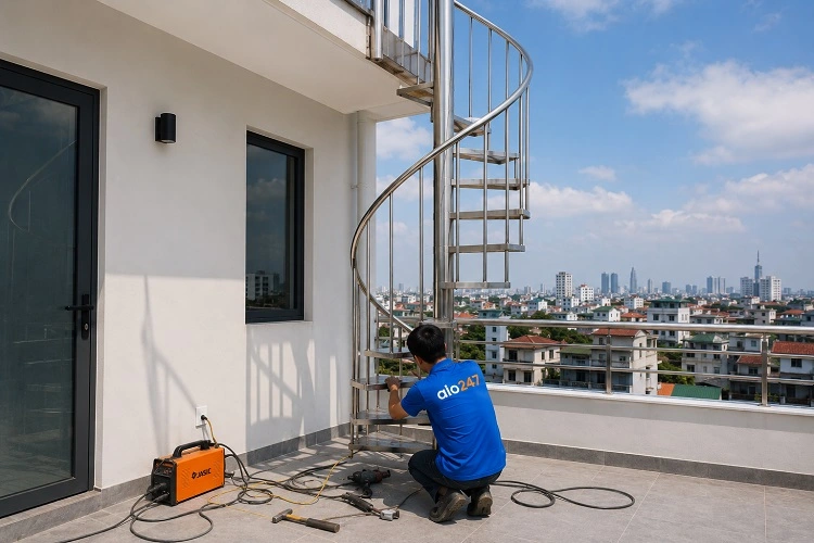Thợ alo247 thi công cầu thang xoắn ốc ngoài trời