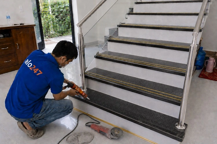 Thợ alo247 thi công nẹp đồng chữ T chống trượt cầu thang
