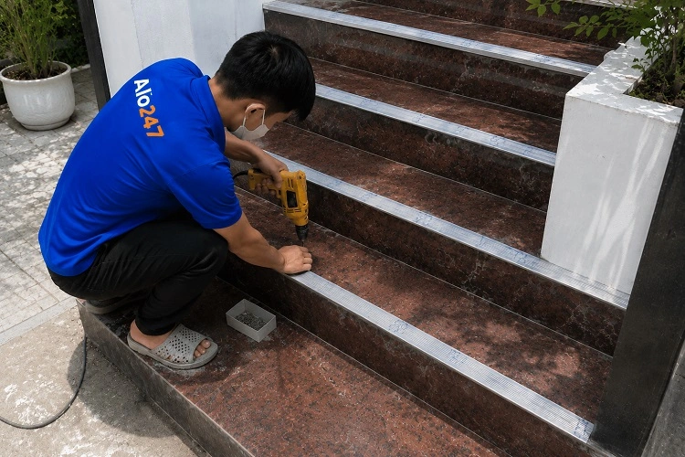 Thợ alo247 thi công nẹp nhôm chống trượt cầu thang