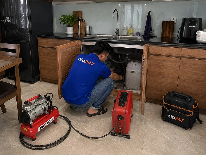 Thợ alo247 thông tắc bồn rửa bát chuyên nghiệp bằng máy lò xo tại Kim Liên