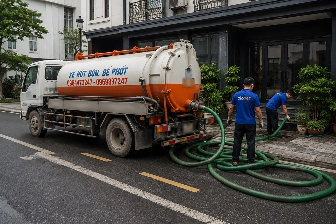 Thợ alo247 thực hiện hút bể phốt tại Bạch Mai