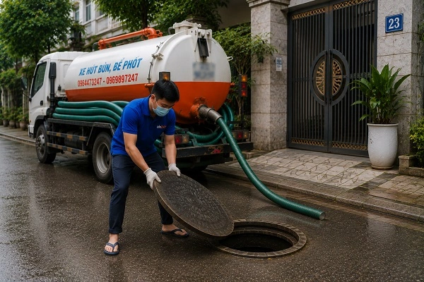 Thợ alo247 thực hiện hút bể phốt tại Hồng Vân