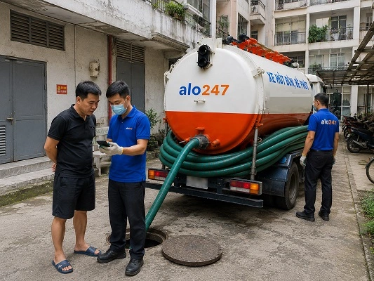 Thợ alo247 thực hiện hút bể phốt tại Kiều Phú