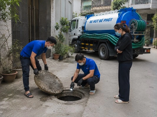 Thợ alo247 thực hiện hút bể phốt tại Liên Minh