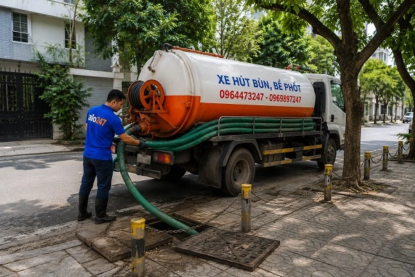 Thợ alo247 thực hiện hút bể phốt tại Ô chợ Dừa