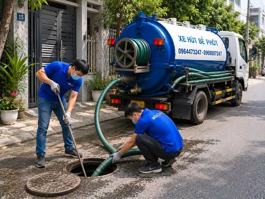 Thợ alo247 thực hiện hút bể phốt tại Quảng Oai