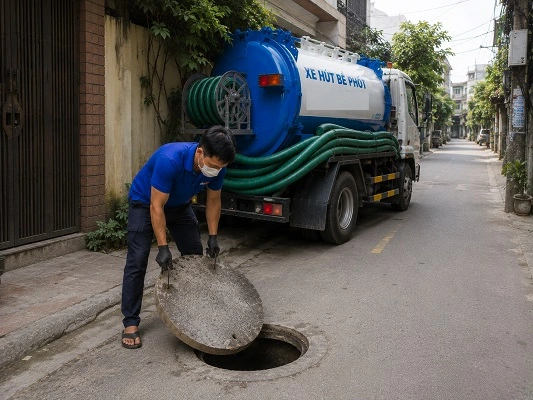 Thợ alo247 thực hiện hút bể phốt tại Thuận An