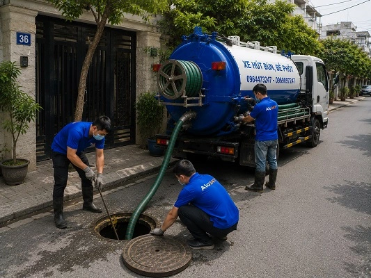 Thợ alo247 thực hiện hút bể phốt tại Việt Hưng