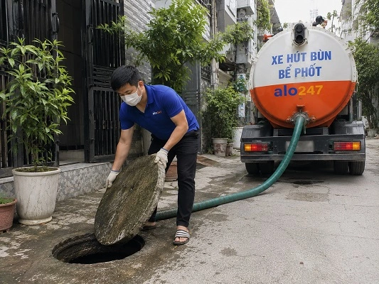 Thợ alo247 thực hiện hút bể phốt tại Hát Môn