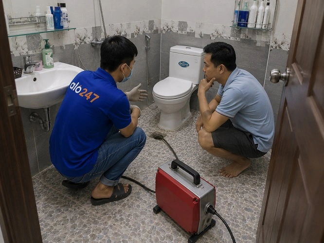 Thợ alo247 tư vấn phương án thông tắc cống cho khách hàng tại Nghĩa Đô