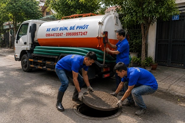 Thợ alo247 vệ sinh khu vực thi công sau khi hút bể phốt
