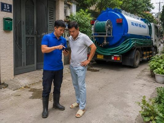 Thợ giải thích phương án hút bể phốt bằng xe chân không cho khách hàng tại Hòa Lạc