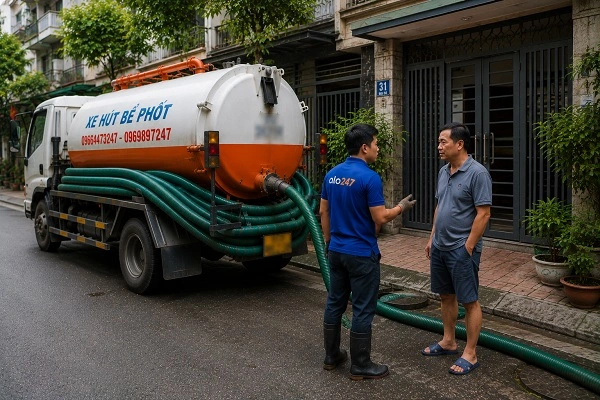 Thợ giải thích phương án hút bể phốt bằng xe chân không cho khách hàng tại Hoà Xá