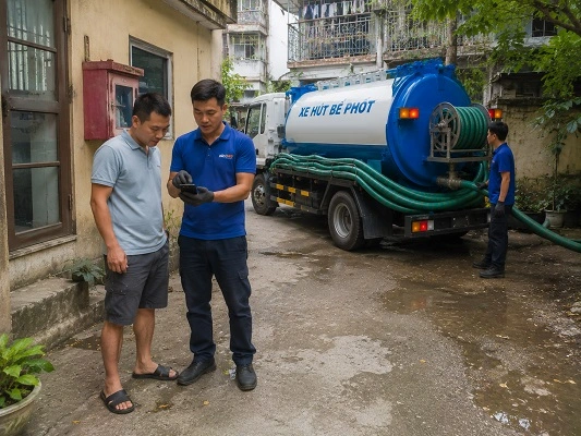 Thợ giải thích phương án hút bể phốt bằng xe chân không cho khách hàng tại Phù Đổng