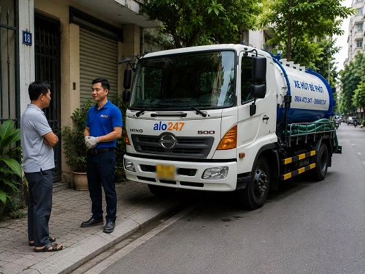 Thợ giải thích phương án hút bể phốt bằng xe chân không cho khách hàng tại Phú Nghĩa