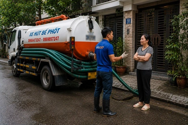 Thợ giải thích phương án hút bể phốt bằng xe chân không cho khách hàng tại Ứng Thiên