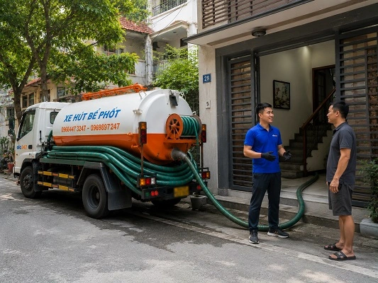 Thợ giải thích phương án hút bể phốt bằng xe chân không cho khách hàng