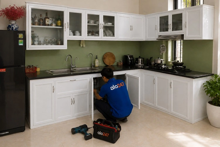 Thợ sửa tủ bếp nhôm kính tại nhà alo247