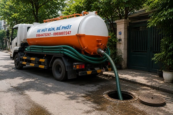Xe hút bể phốt công nghệ chân không chuyên dụng của Alo247 đang xử lý chất thải