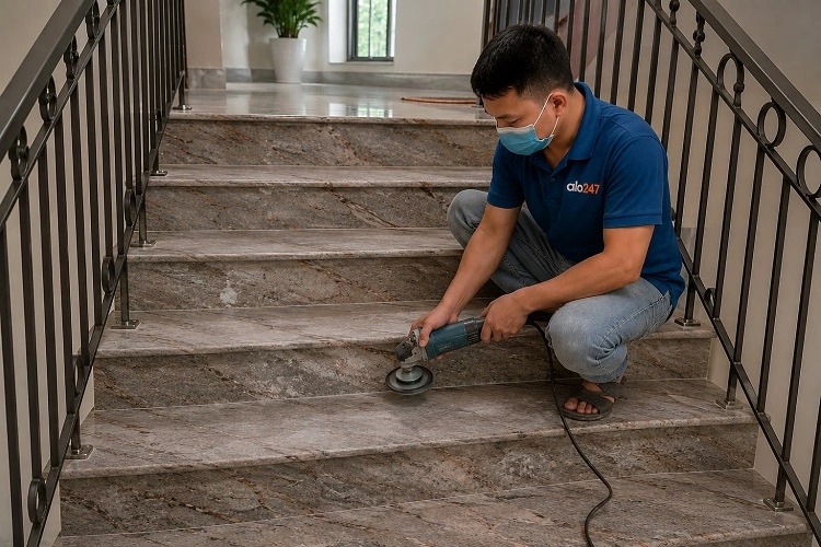 alo247 Quy trình mài mịn và xử lý chống thấm mặt bậc cầu thang đá granite