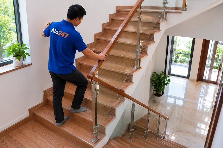 alo247 thi công cầu thang nhựa giả gỗ kết hợp lan can kính