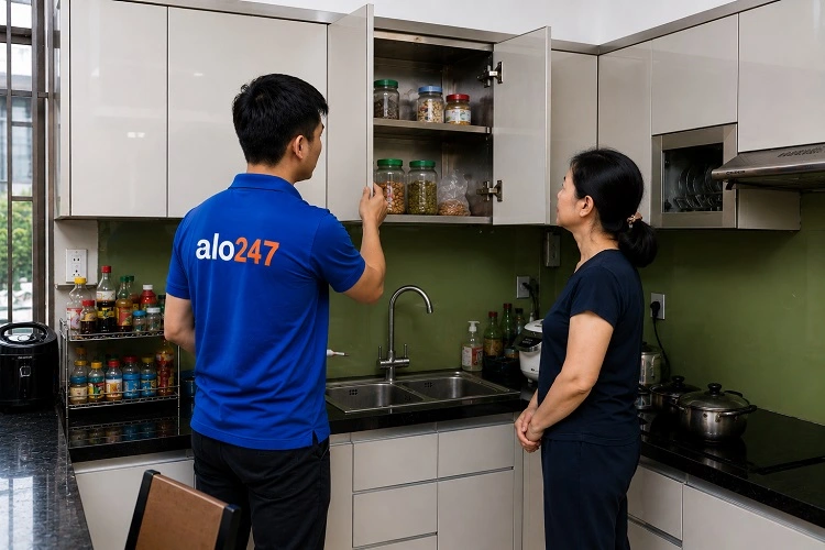 thợ alo247 khảo sát và tư vấn phương án sửa tủ bếp inox tại nhà khách hàng
