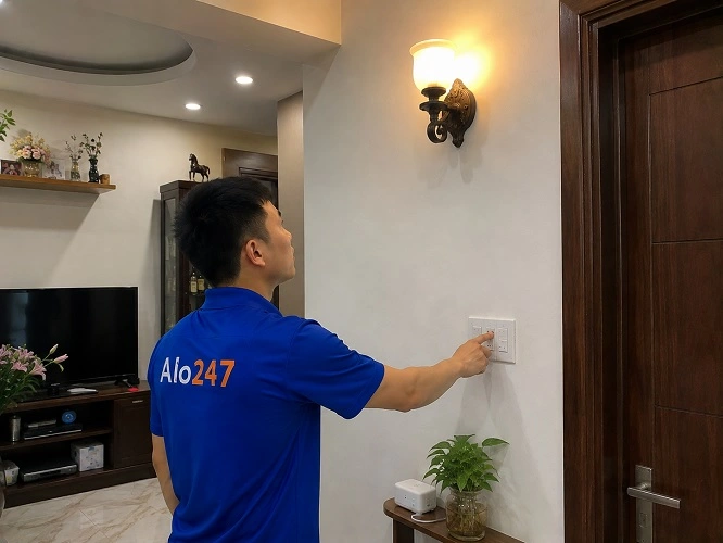 Thợ Alo247 bật thử đèn sau khi hoàn tất thay bóng
