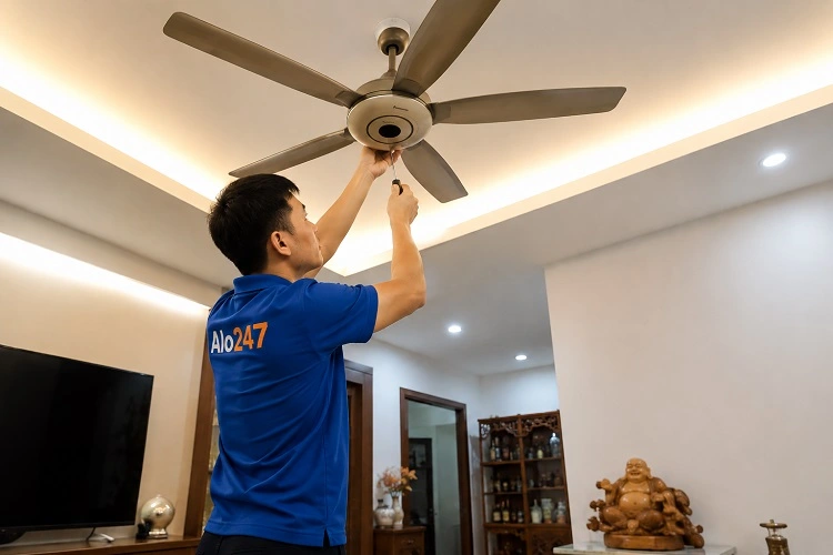 Thợ Alo247 đang bảo dưỡng và sửa chữa quạt trần tại nhà